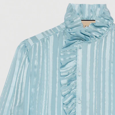 (Women) GUCCI Striped Ruffled Lantern Sleeve Blouse Women’s Light Blue Shirt 747969-ZAML0-4394 Sizing (Women) GUCCI Striped Ruffled Lantern Sleeve Blouse Women’s Light Blue Shirt 747969-ZAML0-4394