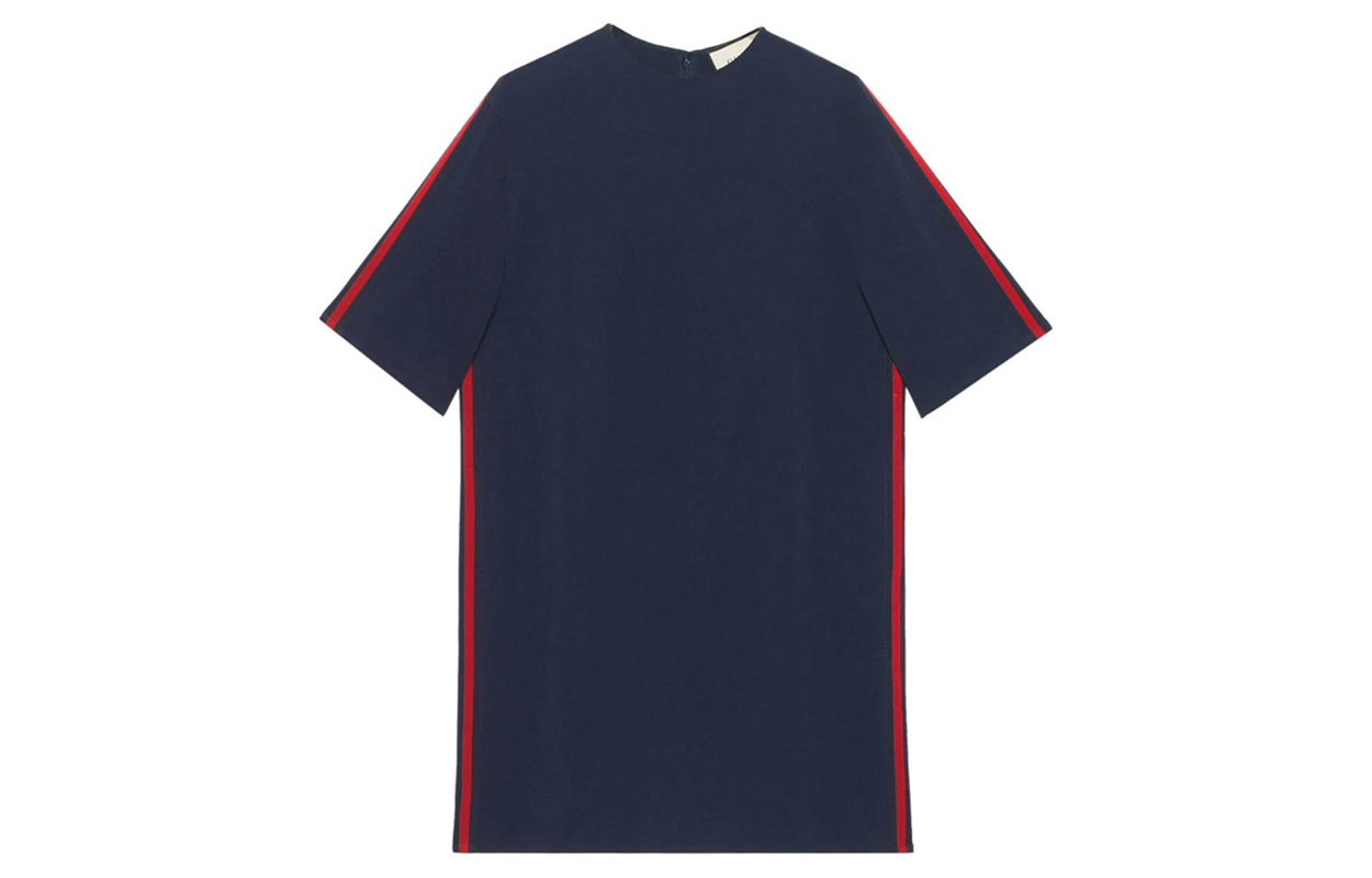 (Women) Gucci Striped Short Sleeve Loose Short Dress Navy Blue 528977-KR01-4755