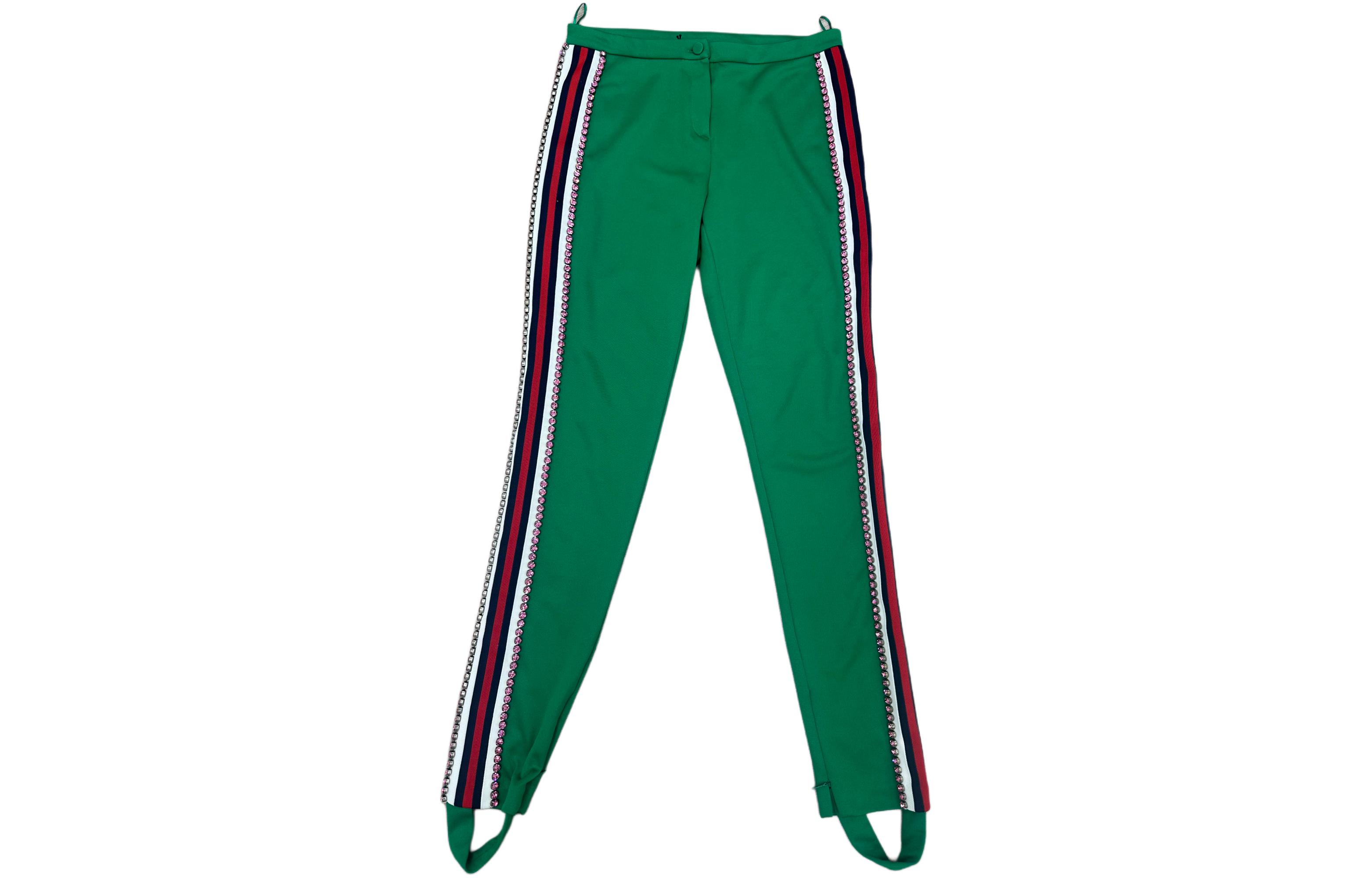 (Women) Gucci Striped Trim Button-Front Leggings Green 489728-X9F93-3318