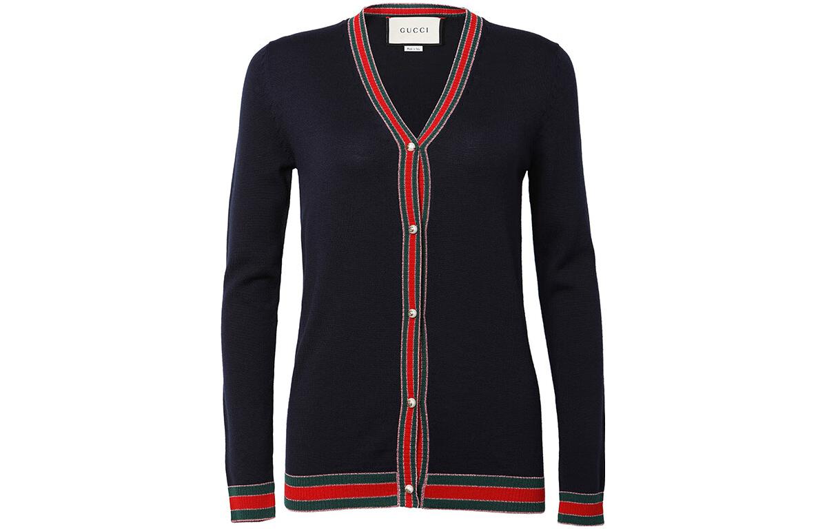 (Women) Gucci Striped V-Neck Single-Breasted Knit Cardigan Navy 411610-X5793-4098