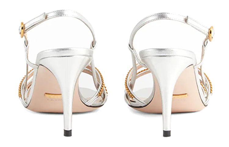 Shop GUCCI 古馳 Sylvie 鍊條 金屬皮革 高跟時尚涼鞋 女款 銀色