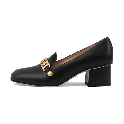 (W) Gucci Sylvie Chain-embellished Leather Mid-Heel Pumps 'Black'