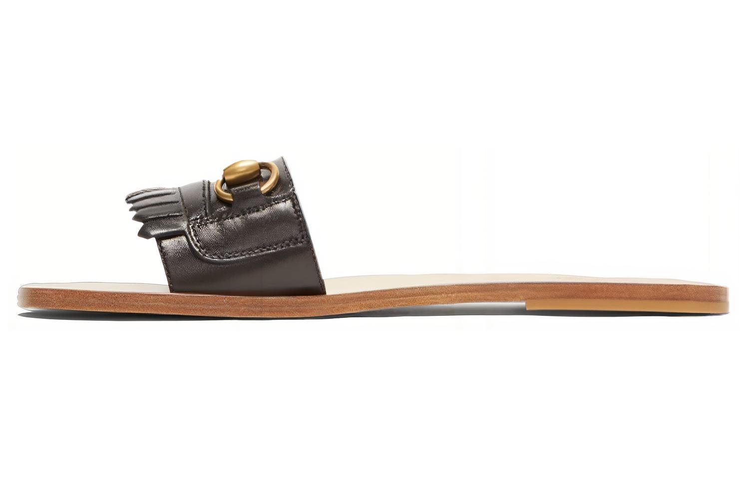 (W) Gucci Tassel Leather Horsebit Minimalistic Fashion Black Sandals