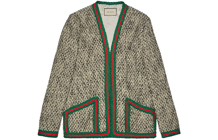 (Women) Gucci Tweed Cardigan Jacket with Contrasting Edges Gray Green 610060-ZACCK-9791