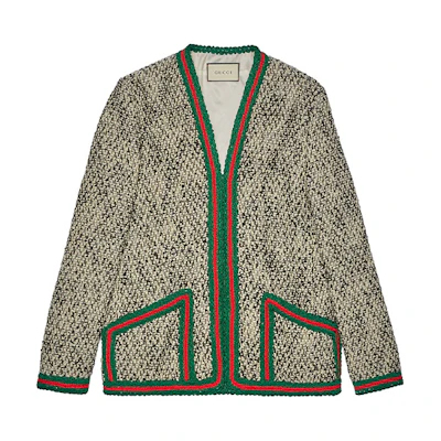 (Women) Gucci Tweed Cardigan Jacket with Contrasting Edges Gray Green 610060-ZACCK-9791