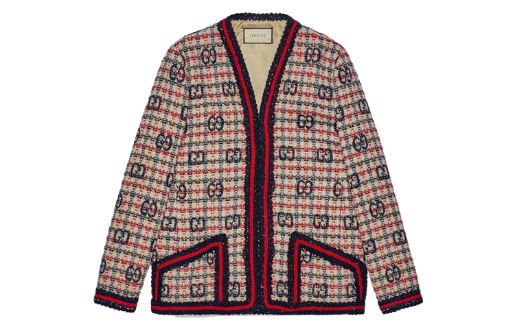 Buy (W) Chaqueta Gucci Tweed Azul Blanca Roja con Logo y Cuello en V 610060-ZADEH-4069