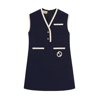 (Women) Gucci V-Neck Tweed Dress with Double G Logo in Deep Blue 748098-ZANJG-4613