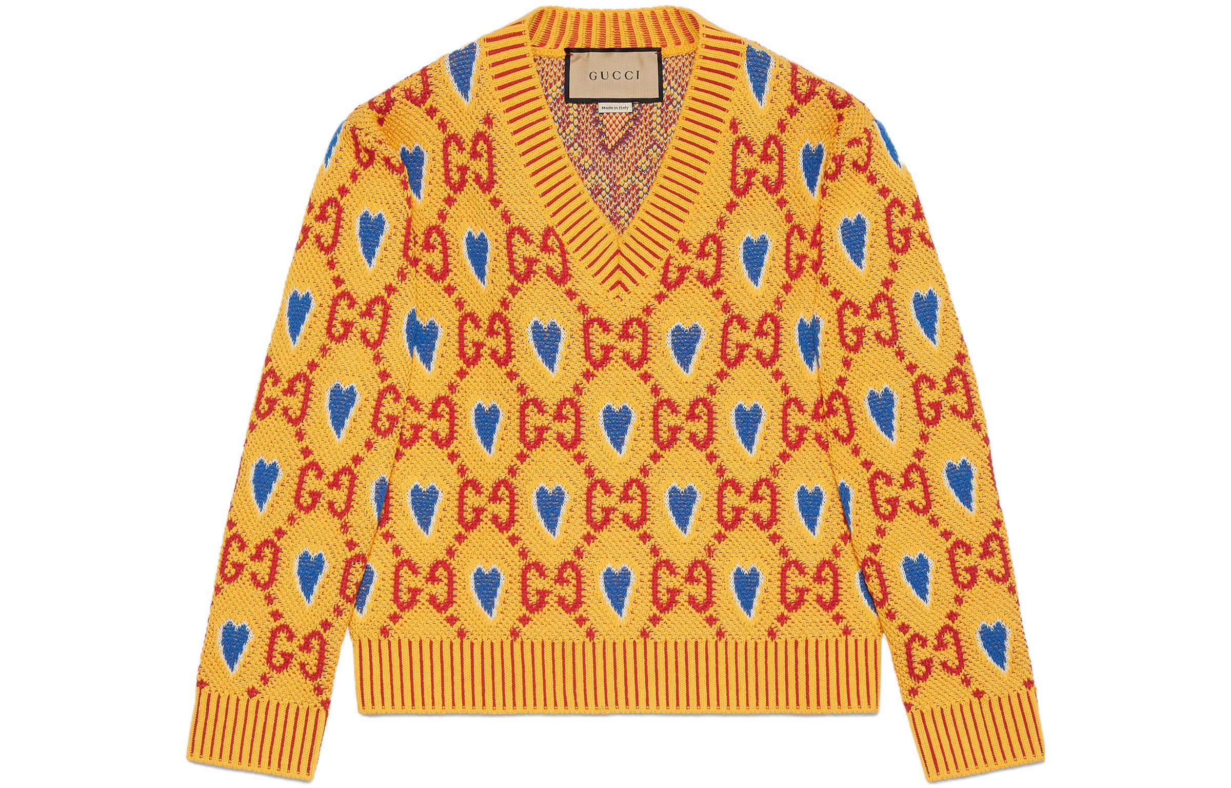 (Women) Gucci Valentine's FW23 Heart Pattern V-neck Knit Sweater Women Yellow 745857-XKDFZ-7123
