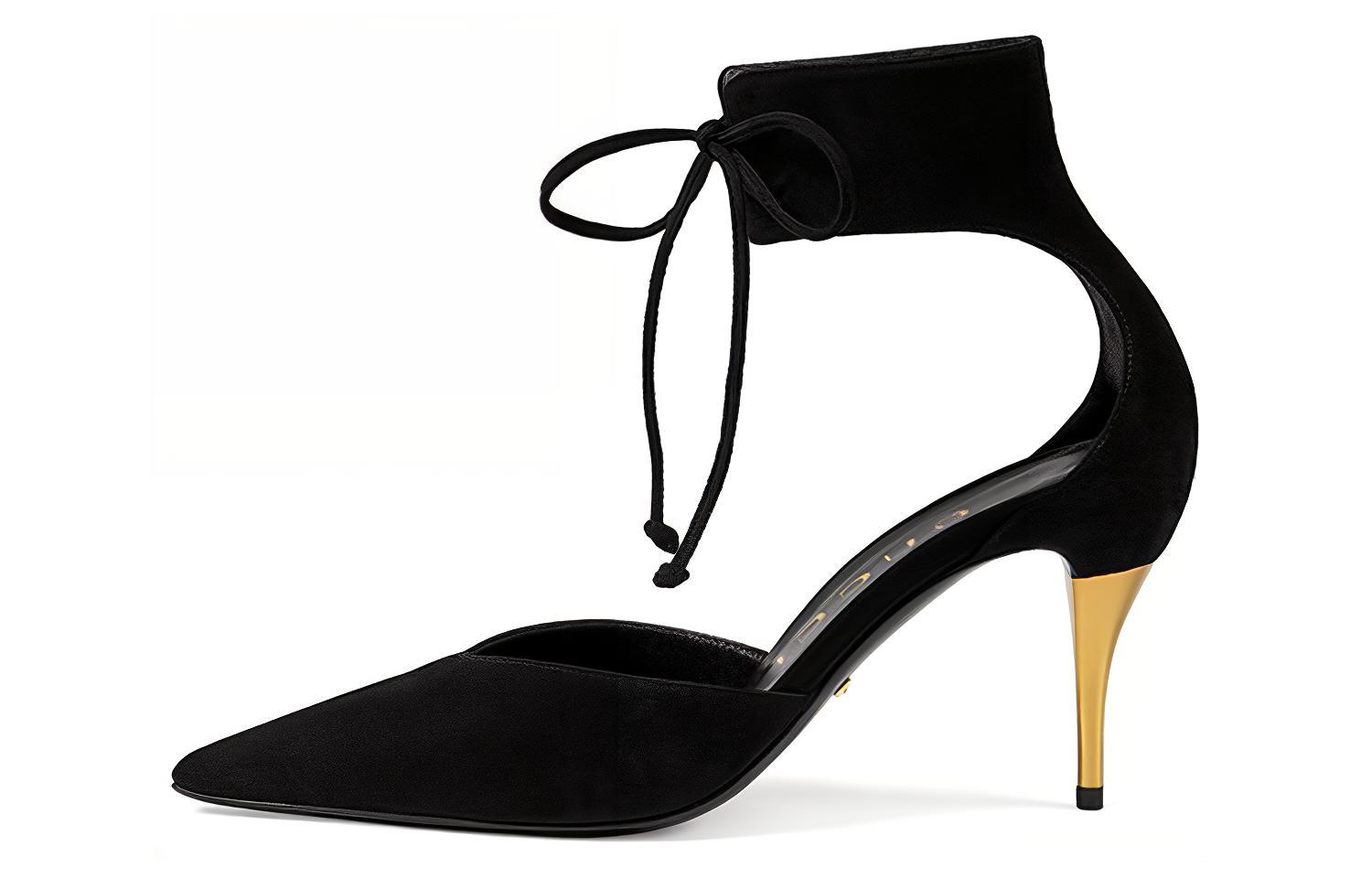 (Women) Gucci Velvet High Heels 'Black Fashion Lace-Up' 716686-CGX10-1000