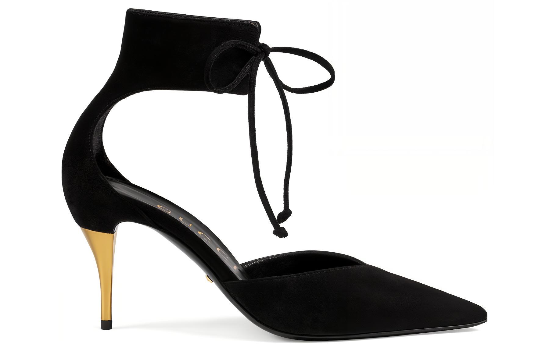 Order (W) Gucci Heels Beludru Hitam Fashion Tali Punggung 716686-CGX10-1000