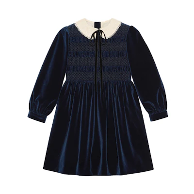 (Women) Gucci Velvet Midi Dress with Bow Brooch, 3/4 Sleeves - Deep Blue 635141-ZAFIO-4378