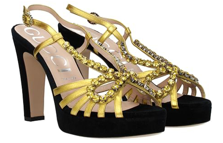 (W) Gucci Velvet Rhinestone Slide 'Gold Black' 圖 2