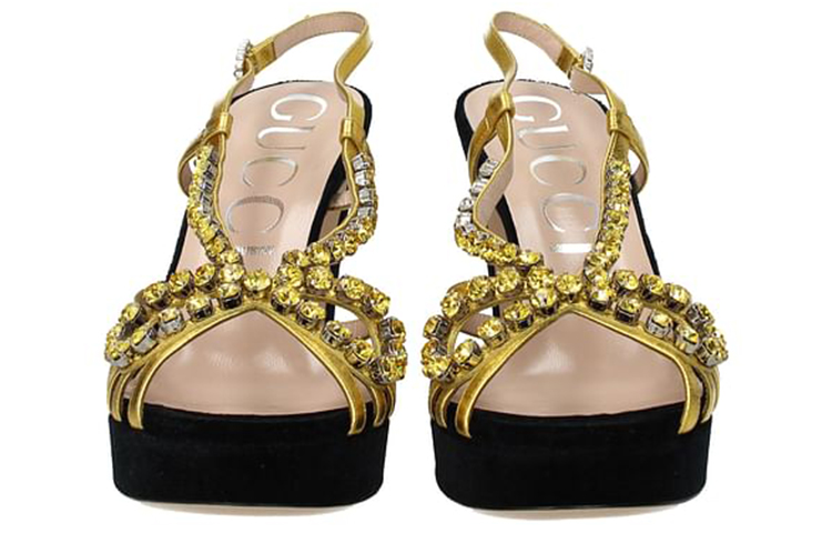 (W) Gucci Velvet Rhinestone Slide 'Gold Black' 圖 4