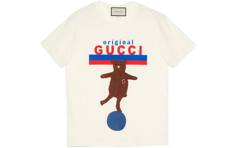 (Women) Gucci Warm White T-Shirt with Bear Patch and Letter Design 615044-XJCRH-9095