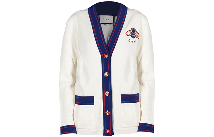 (Women) Gucci White Bee Embroidery Knit Cardigan Sweater 527189-X9X45-9101