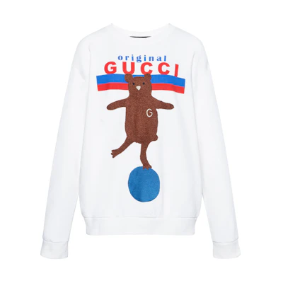 (Women) Gucci White Crewneck Sweatshirt with Embroidered Bear Design 617964-XJCRV-9095