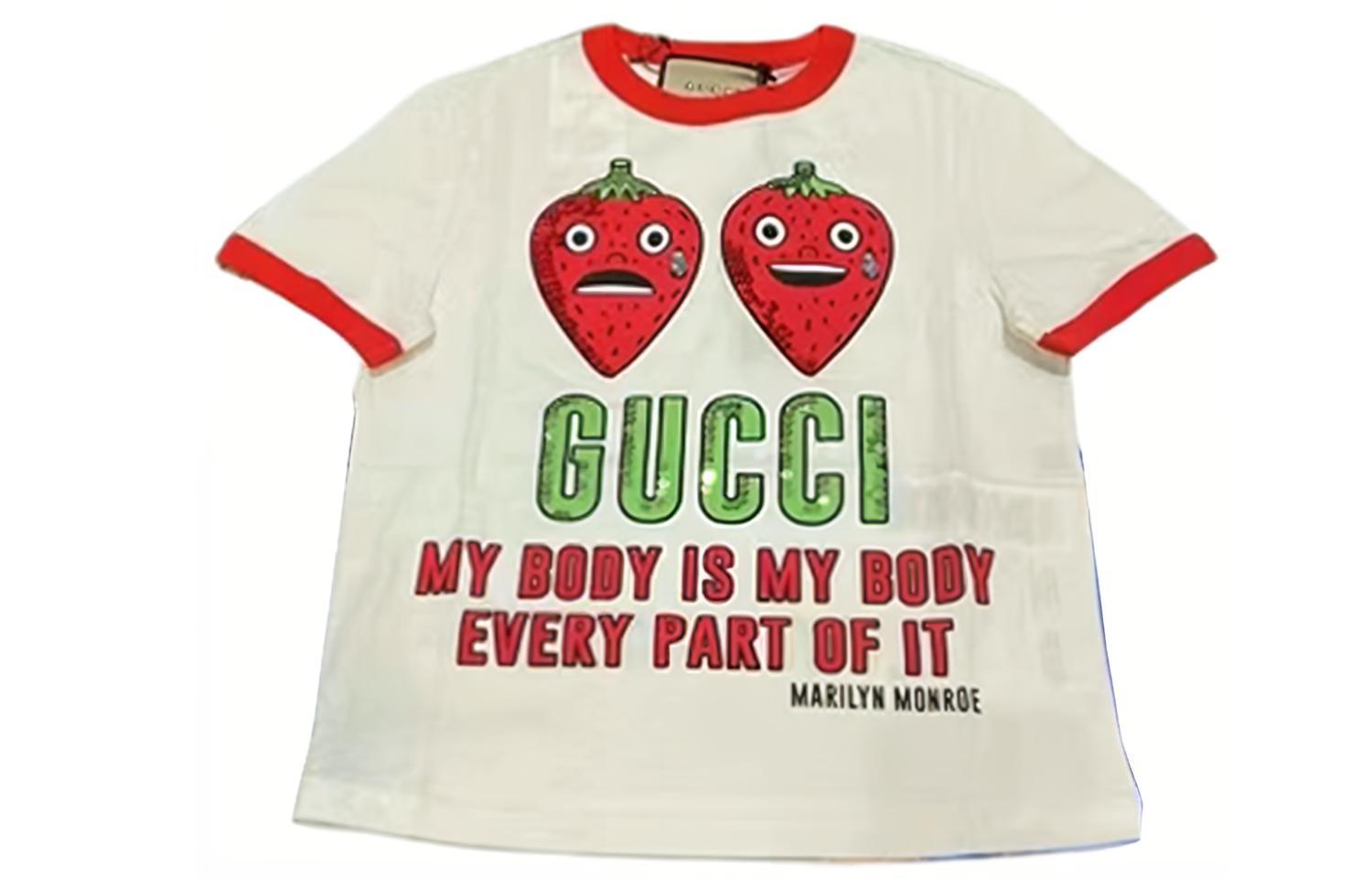 (Women) Gucci White Logo Letter Sequin Slim-Fit Tee with Strawberry Print 695816-XJEEF-9088