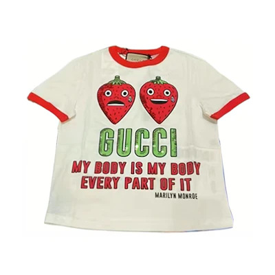 (Women) Gucci White Logo Letter Sequin Slim-Fit Tee with Strawberry Print 695816-XJEEF-9088