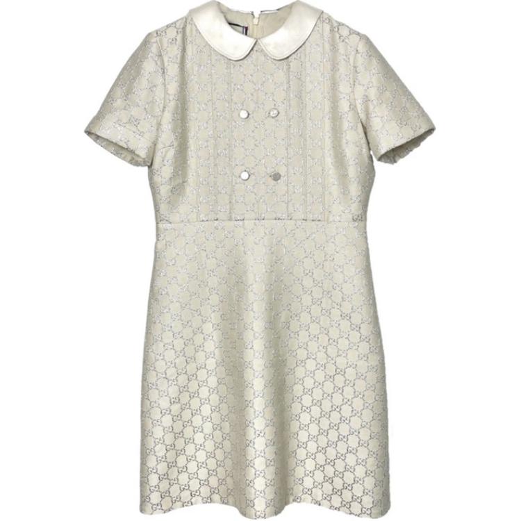 (Women) Gucci White Logo Print Short Sleeve Dress with Back Zipper WFO-628947-ZAEO7-9077-42