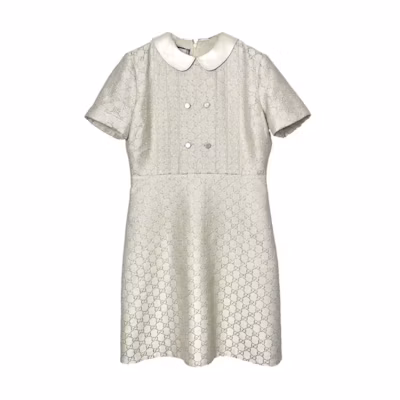 (Women) Gucci White Logo Print Short Sleeve Dress with Back Zipper WFO-628947-ZAEO7-9077-42