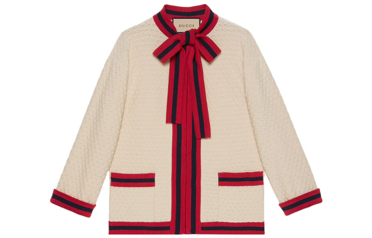 (Women) Gucci White Long-Sleeve Jacket with Butterfly Bow and Stripes 653439-XKBTF-9125