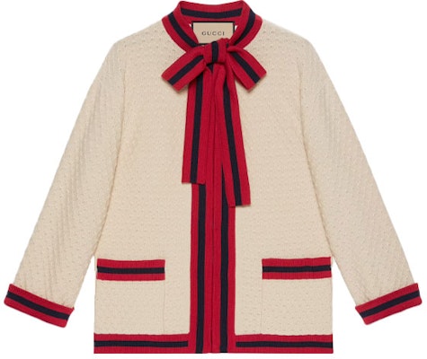 (Women) Gucci White Long-Sleeve Jacket with Butterfly Bow and Stripes 653439-XKBTF-9125 Buy (Women) Gucci White Long-Sleeve Jacket with Butterfly Bow and Stripes 653439-XKBTF-9125