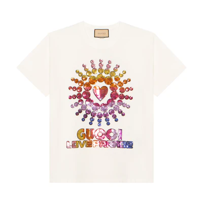 (Women) Gucci White Sequin Logo Print Oversized Crew Neck T-Shirt 615044-XJEN4-9088