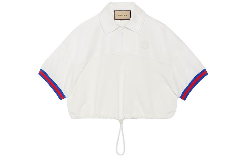 (Women) Gucci White Short-Sleeve Knit Polo Collar Ribbed Tee 773728-XJF8V-9088