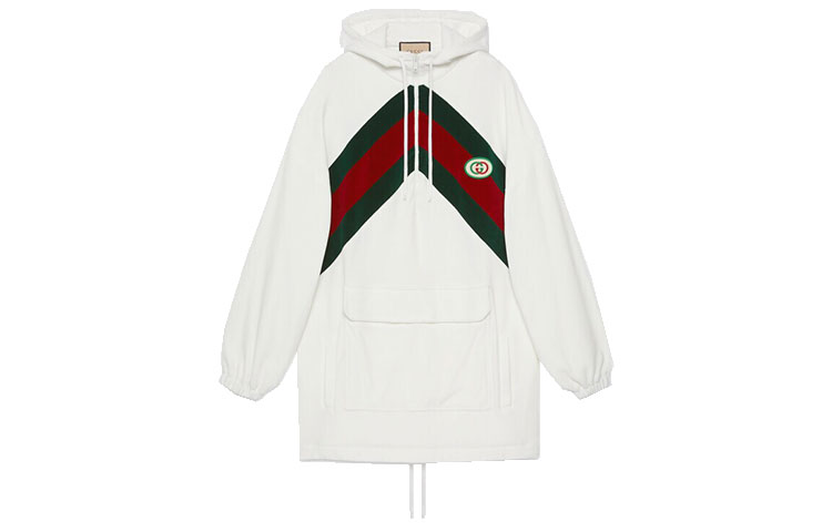 (Women) Gucci White Striped Patchwork Hooded Pullover Long Sleeve Dress 678707-XJDYG-9061
