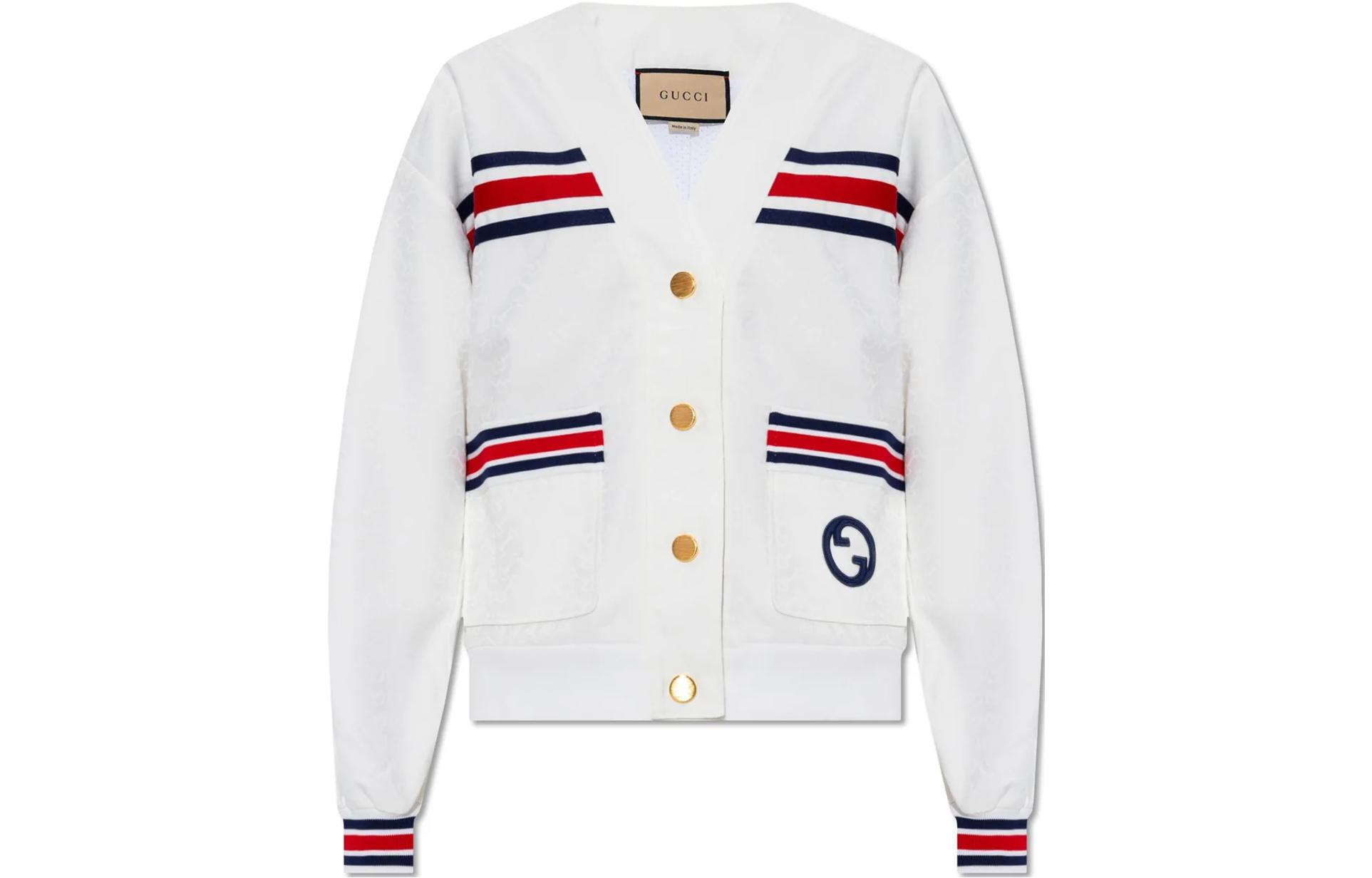 (Women) Gucci White Striped V-Neck Button Cardigan Sweater 747072-XJFU1-9692