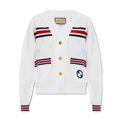 (Women) Gucci White Striped V-Neck Button Cardigan Sweater 747072-XJFU1-9692