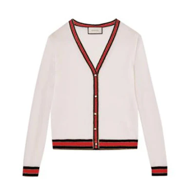 (Women) Gucci White Striped V-Neck Fitted Knit Cardigan with Pearl Buttons 411610-X5793-9076