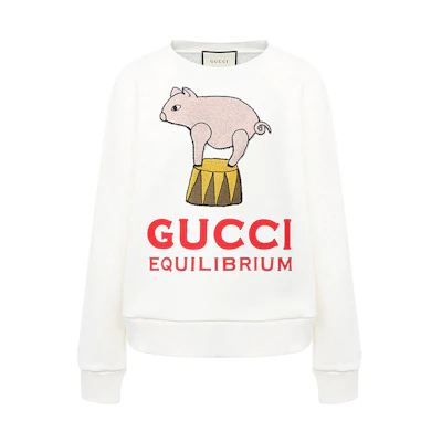 (Women) Gucci White Sweatshirt with Cartoon Pig Print, Crew Neck Long Sleeve 623450-XJCRW-9095