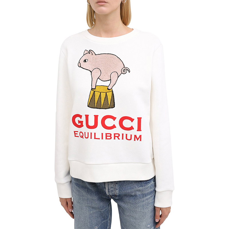 Purchase (W) Gucci Baju Putih Kartun Babi, Leher Bulat Lengan Panjang 623450-XJCRW-9095