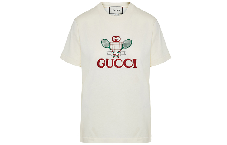 Buy (Women) Gucci White Tennis Print Crew Neck Casual T-Shirt 580762-XJBHP-7136