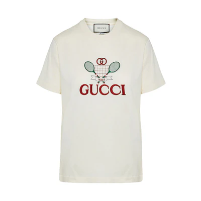 (Women) Gucci White Tennis Print Crew Neck Casual T-Shirt 580762-XJBHP-7136