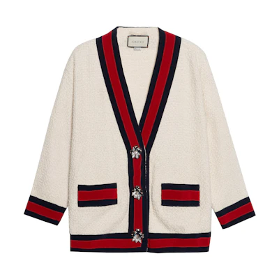 (Women) Gucci White Tweed Jacket with Contrast Web Trim 469657-ZID86-9401