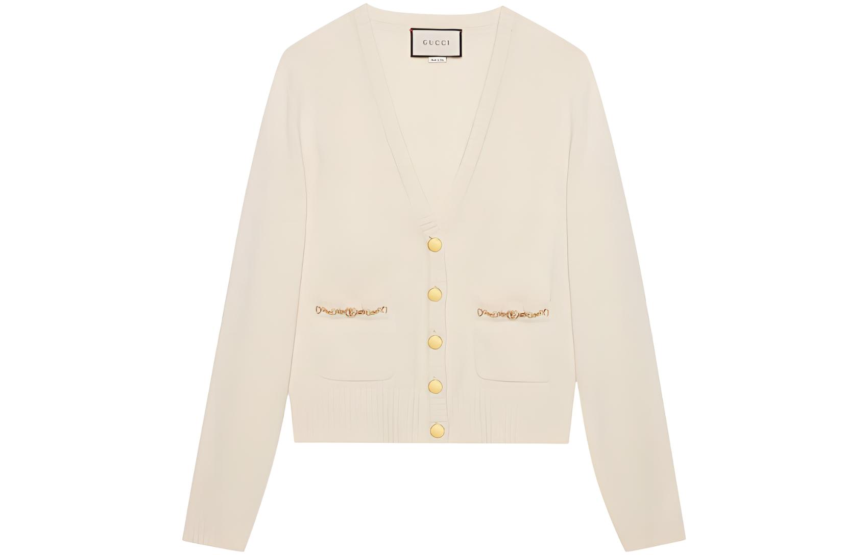 Buy (W) 古驰白色V领长袖针织毛衣配链条装饰 662189-XKBYJ-9791