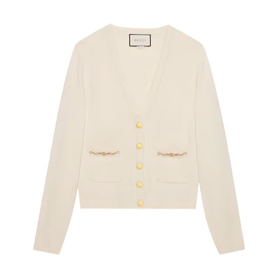 (Women) Gucci White V-neck Long Sleeve Knit Sweater with Chain Detailing 662189-XKBYJ-9791