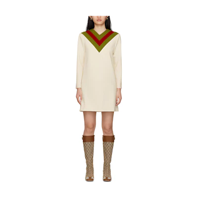 (Women) Gucci Women’s Beige Striped V-neck Long Sleeve Dress SS23 671701-X7C07-9284