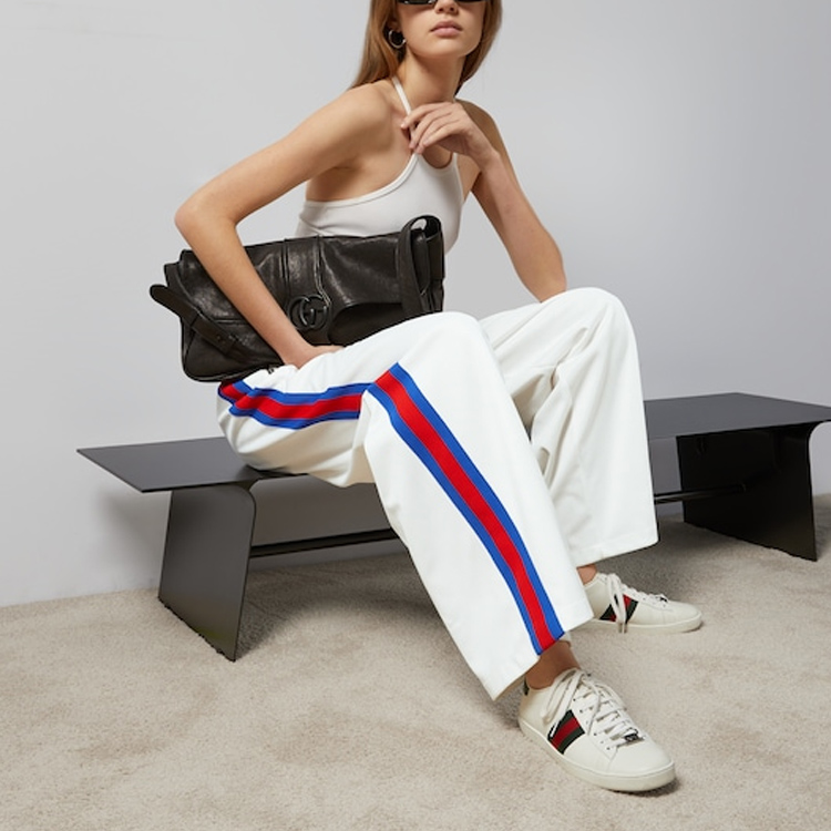 Lookbook (W) 古驰 女士双G刺绣条纹弹力腰长裤 米色 773015-XJF7L-9799