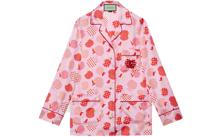 (Women) Gucci Women’s Pink Heart Apple Print Button-Up Casual Long Sleeve Shirt 663366-ZAHB7-5943