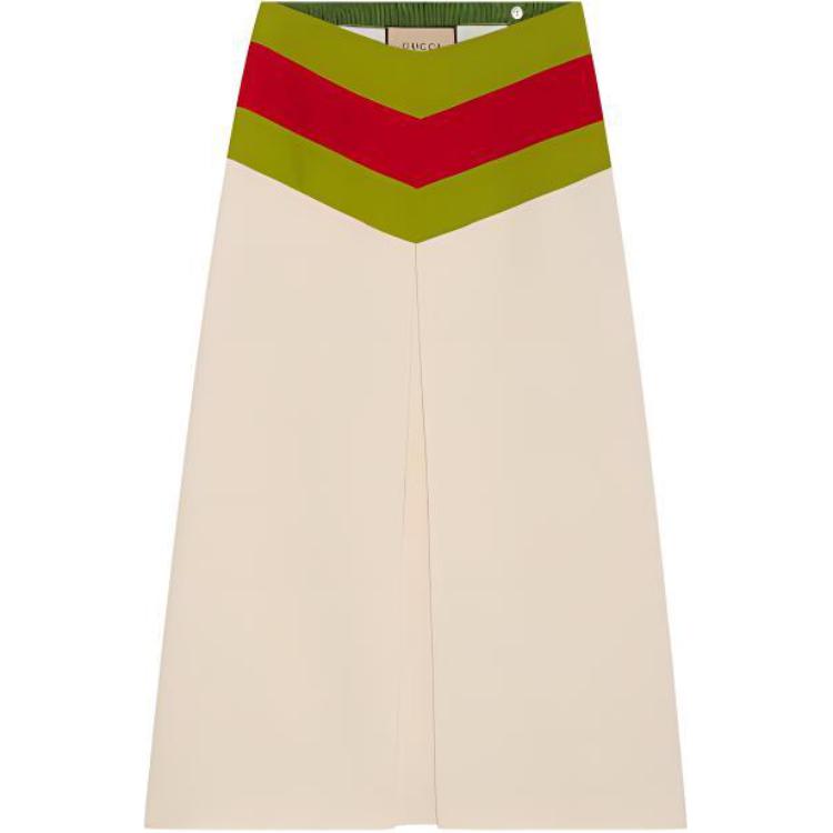 (Women) Gucci Women’s SS22 Beige High-Waist Pleated Colourblock Midi Skirt 669707-ZAD88-9783