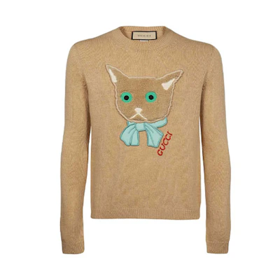 (Women) Gucci Women’s Yellow Cat Patch Wool Sweater FW21 662173-XKBYI-2184