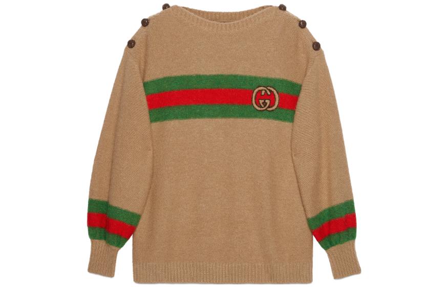 (Women) Gucci Wool Mohair Jumper with Interlocking G Stripe Crewneck Sweater Brown Women 748921-XKDGL-2448