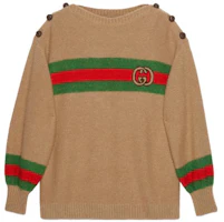 (Women) Gucci Wool Mohair Jumper with Interlocking G Stripe Crewneck Sweater Brown Women 748921-XKDGL-2448 (Women) Gucci Wool Mohair Jumper with Interlocking G Stripe Crewneck Sweater Brown Women 748921-XKDGL-2448