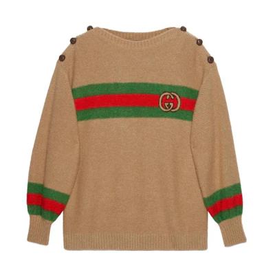 (Women) Gucci Wool Mohair Jumper with Interlocking G Stripe Crewneck Sweater Brown Women 748921-XKDGL-2448