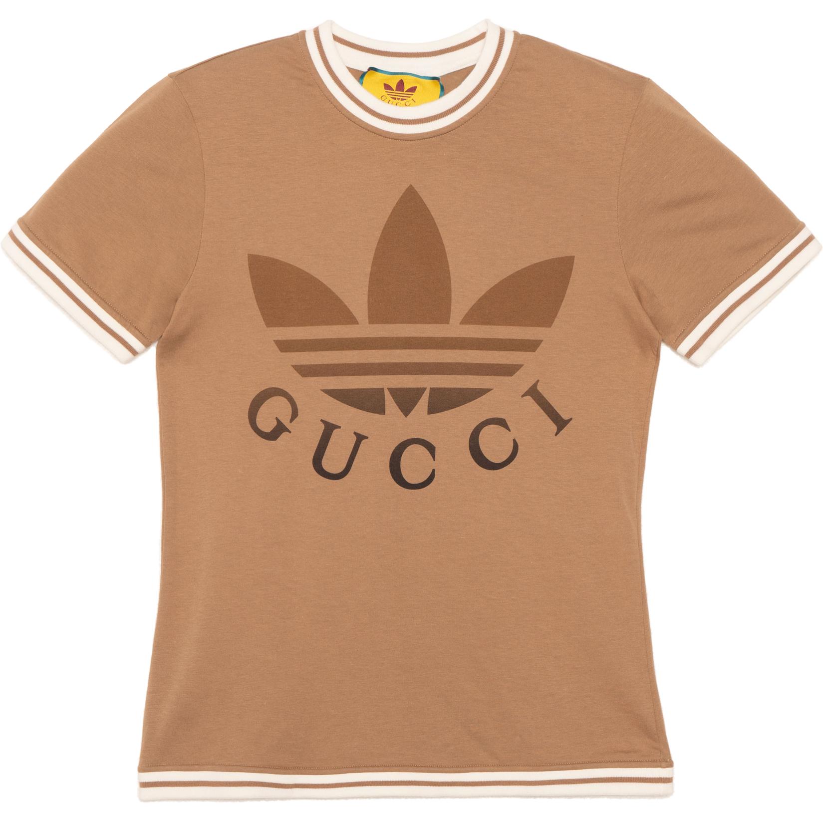 (Women) GUCCI adidas  Logo Print Cotton Crewneck T-Shirt Beige SS23. 723405-XJE2D-2441