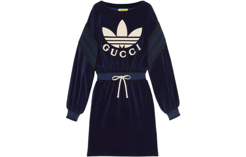 (Women) Gucci x adidas Blue Logo Print Long Sleeve Crew Neck Dress 695679-XJEC9-4330