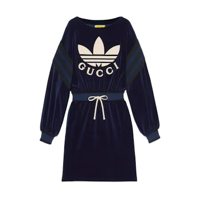 (Women) Gucci adidas Blue Logo Print Long Sleeve Crew Neck Dress 695679-XJEC9-4330